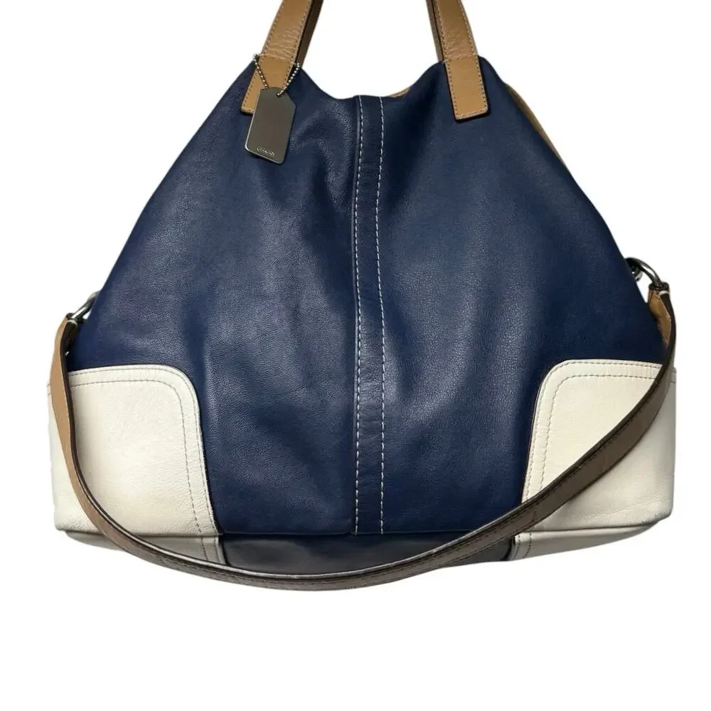 Coach Hadley F27728 Leather Hobo Bag Navy White Tan Colorblock Shoulder Purse